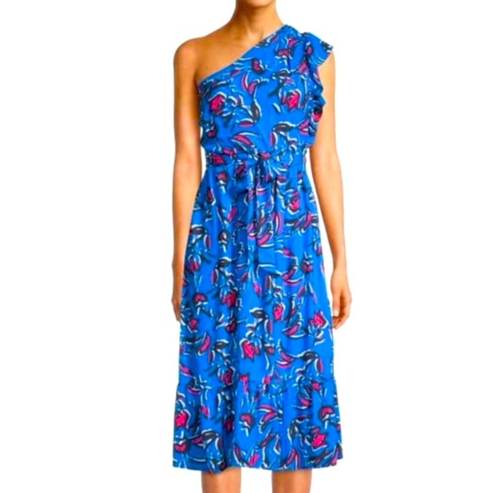 NWT Asymmetrical Colorful Ruffle Midi Dress New XL Blue Abstract Floral Pattern